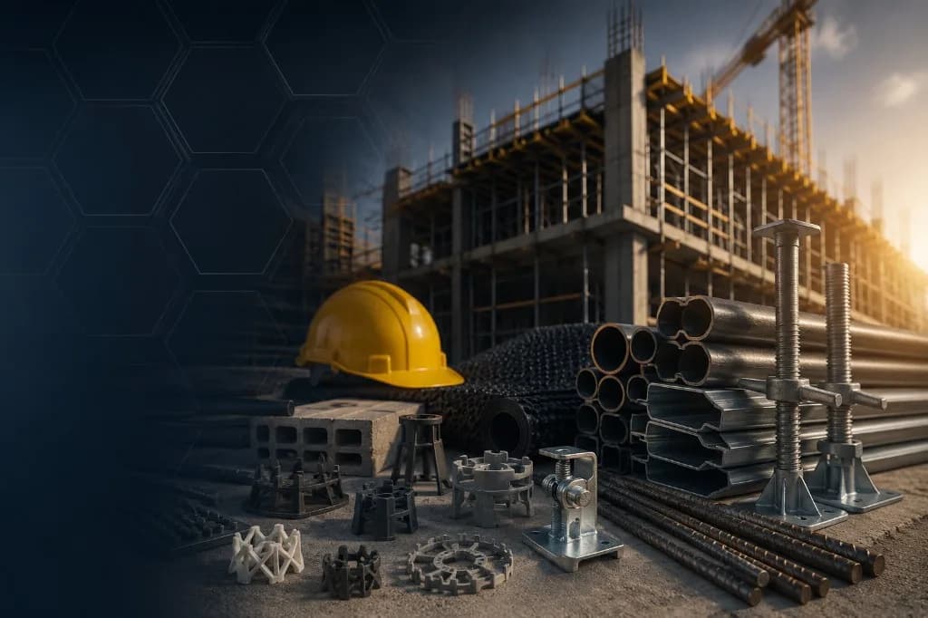 Construction products including hard hat, rebar spacers, scaffolding jacks and building materials at a construction site