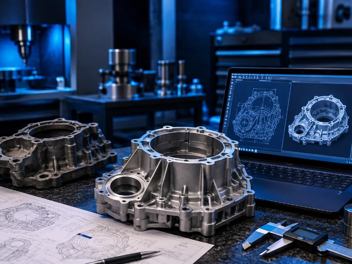 Reverse engineering workspace with sample and remanufactured components, drawings, CAD model and measuring tools