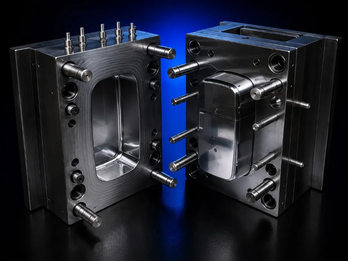 Precision steel injection mould halves with cavity and core alignment pins