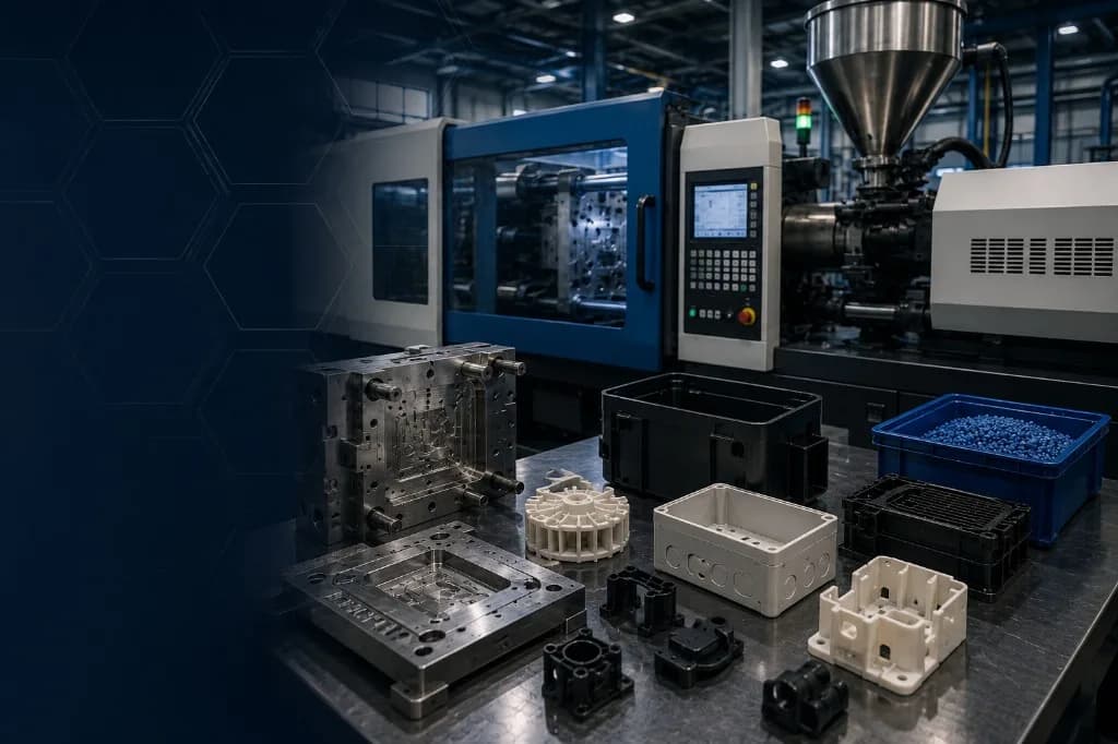 Injection moulding machine with metal moulds, moulded plastic components and raw polymer pellets