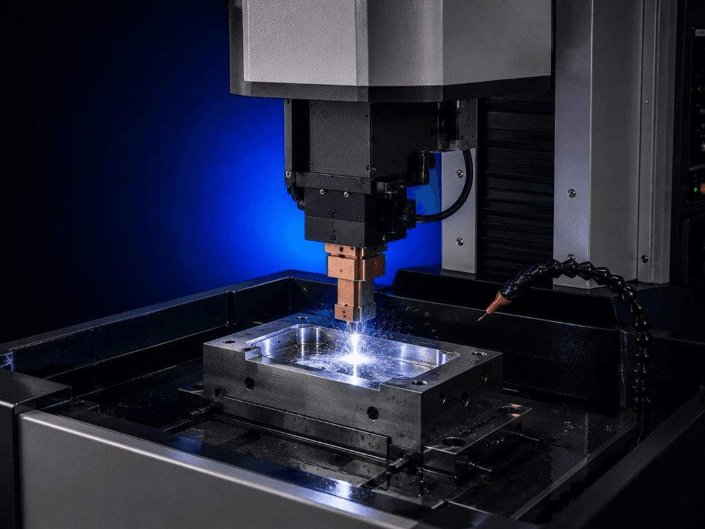 Sinker EDM spark machining a metal workpiece