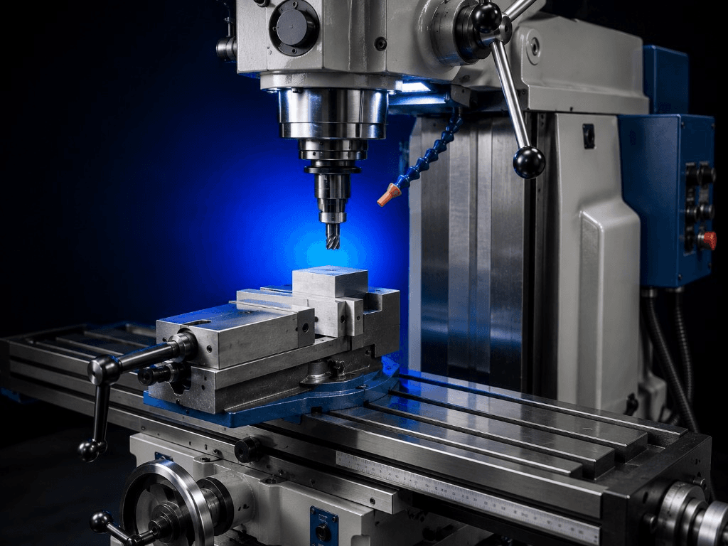 Vertical milling machine with vice-mounted workpiece