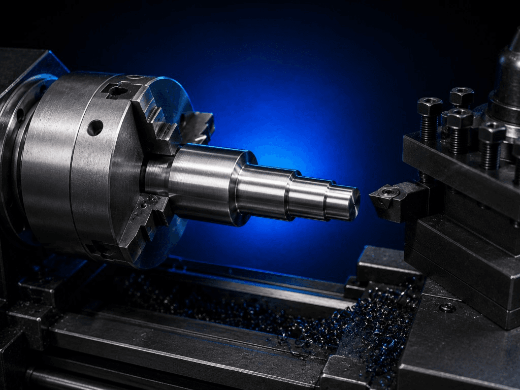 Manual lathe turning a stepped metal shaft