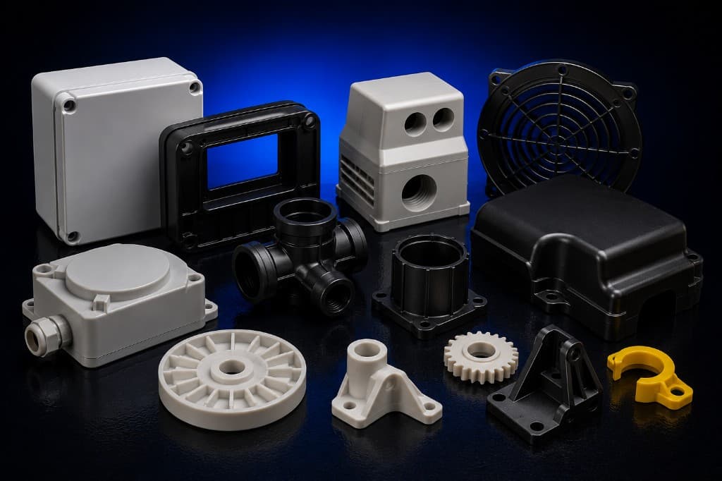 Assortment of precision injection-moulded plastic enclosures, gears and industrial components