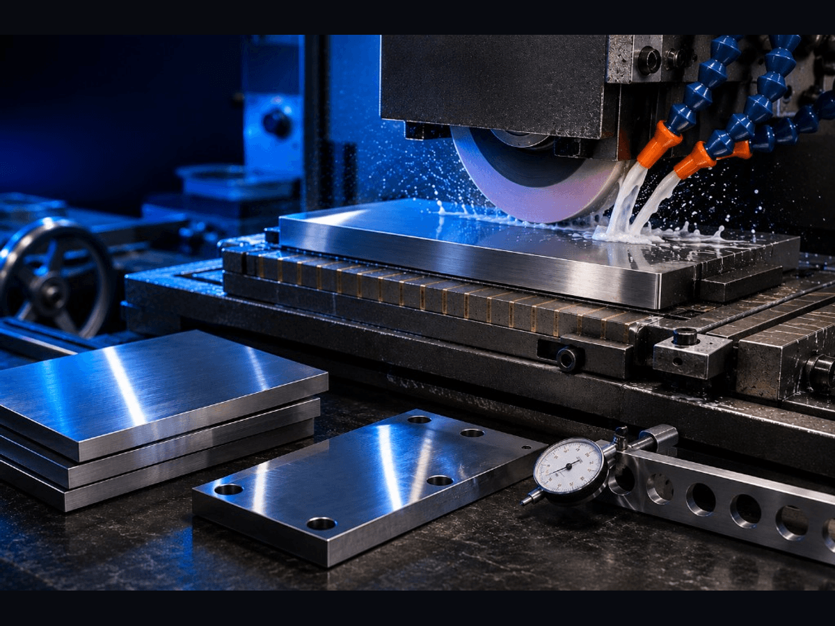 Surface grinding wheel with coolant on a metal plate