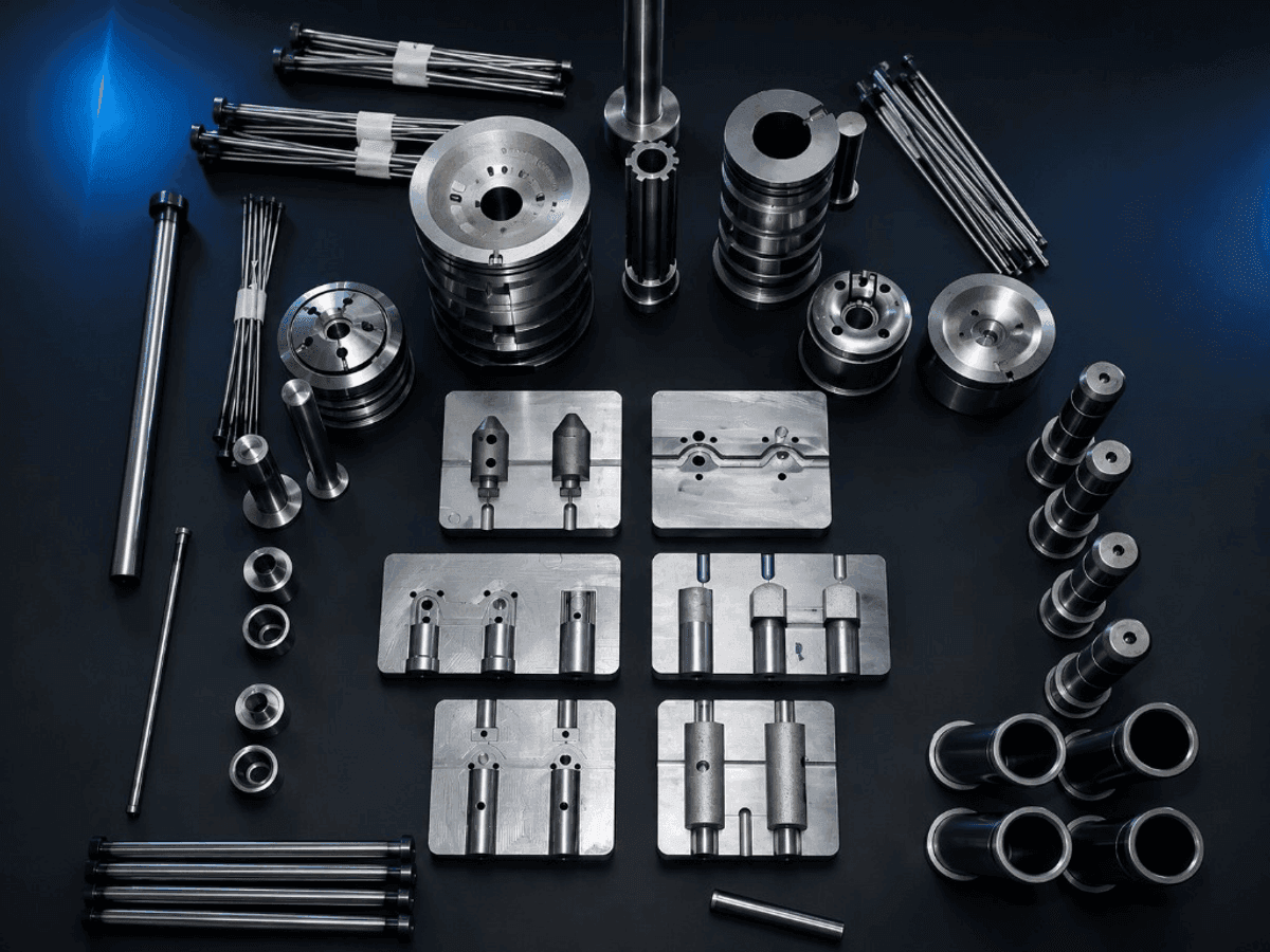Precision machined mould plates, pins, bushings and tooling components arranged for repair assessment