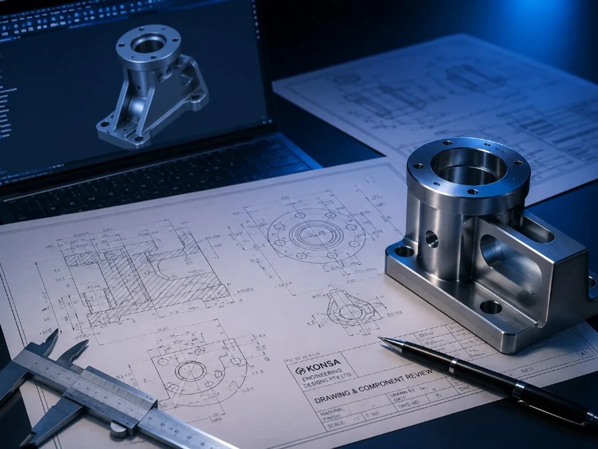 Machined component on engineering drawings with CAD model and measuring tools for tooling route review