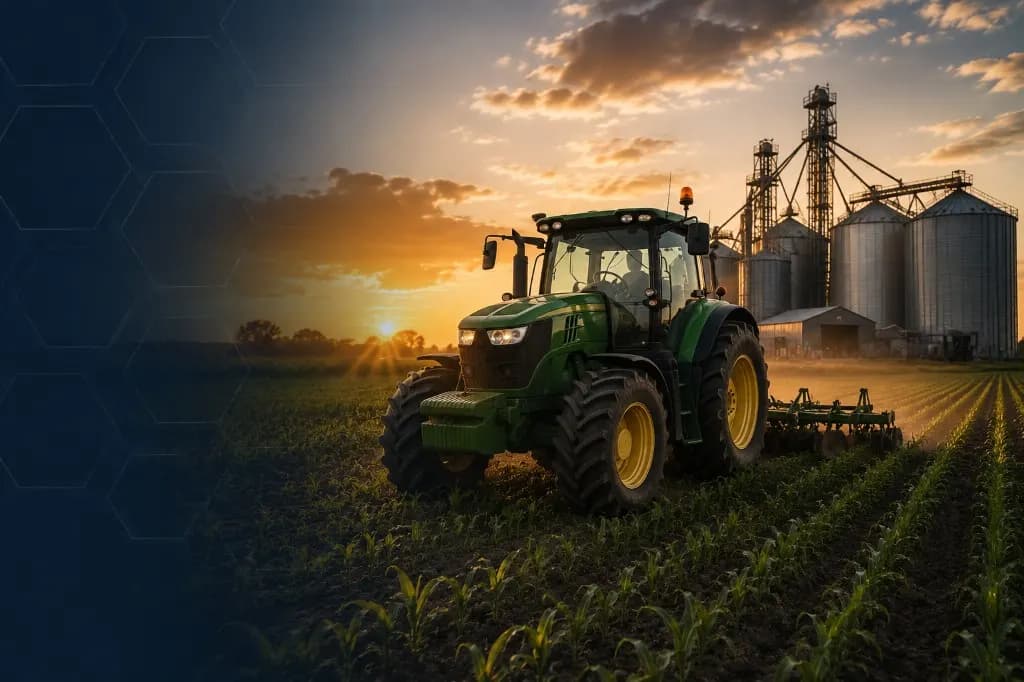 Tractor working crop rows at sunset with grain silos and farm facility in the background