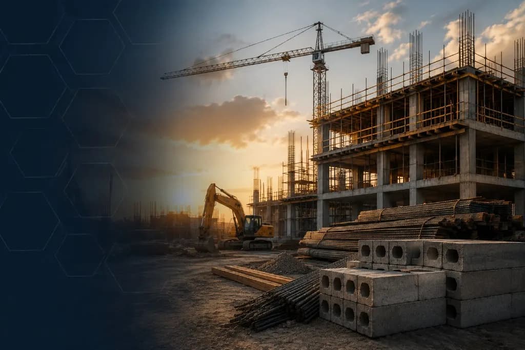 Construction site at sunset with concrete structure, tower crane, excavator, rebar and building blocks
