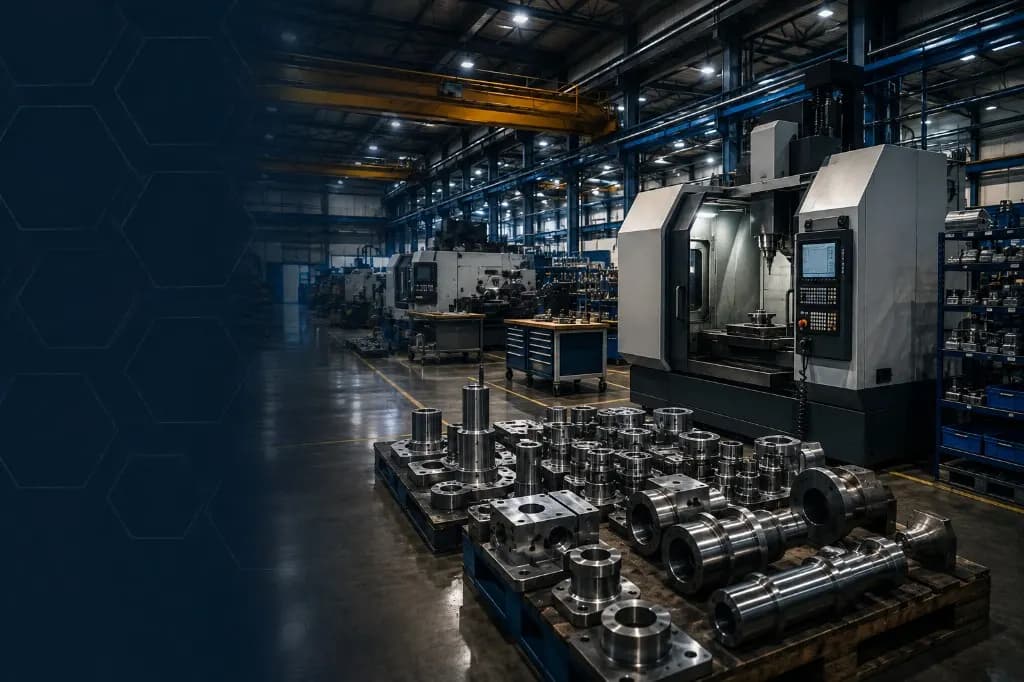 CNC machine shop floor with machined components on pallets and overhead crane