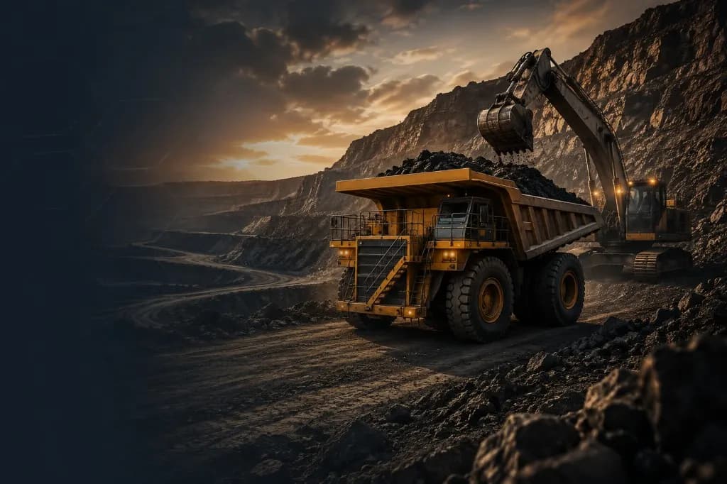 Heavy mining haul truck and excavator at dusk in an open-pit mine