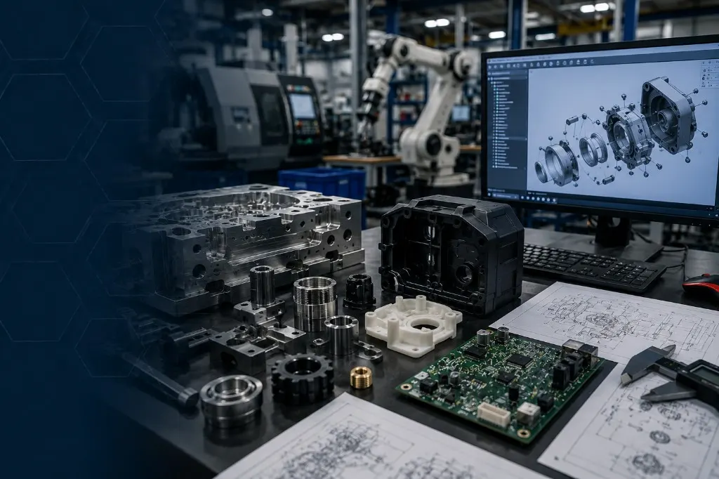 OEM engineering workbench with CAD model, technical drawings, machined parts and PCB assembly