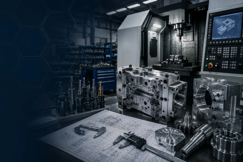 Precision machined tooling, measuring instruments and CNC machining centre in an engineering workshop
